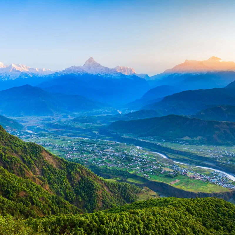 Golden sunrise alpenglow lighting up Machhapuchhre and Annapurna peaks above lush green forested hills and river valley Nepal.