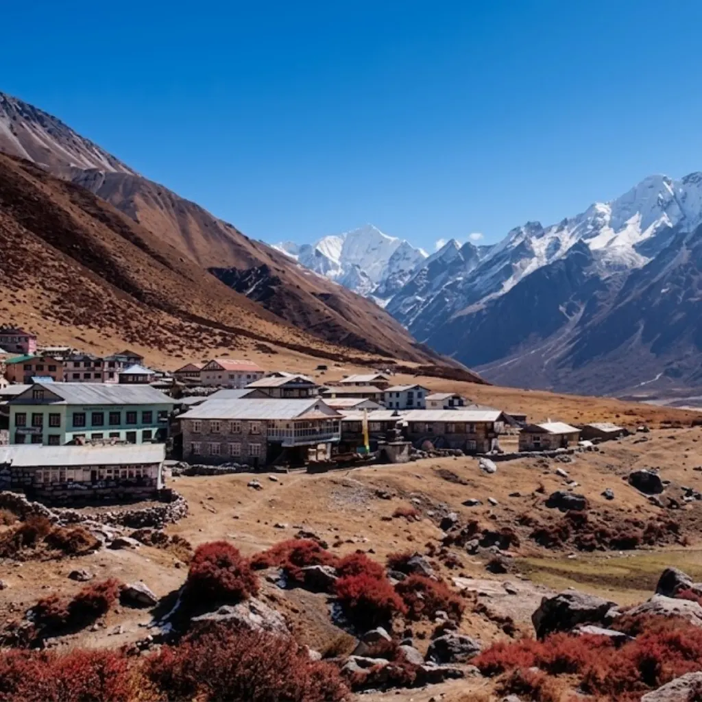 Traditional stone teahouses in a Himalayan village set against dry alpine hills and distant snowy summits.