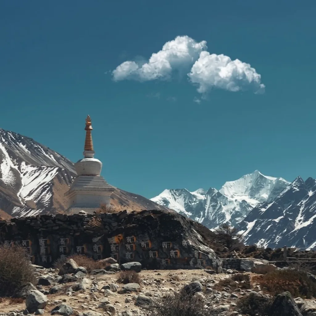 White Buddhist stupa with a golden spire and carved mani stone wall facing snow-capped peaks in Nepal.