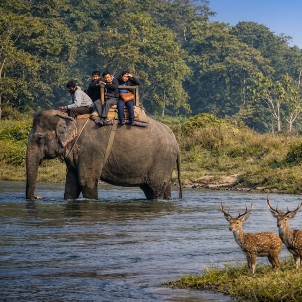 Tourists riding an Asian elephant crossing a river as spotted deer stand on the grassy shoreline.