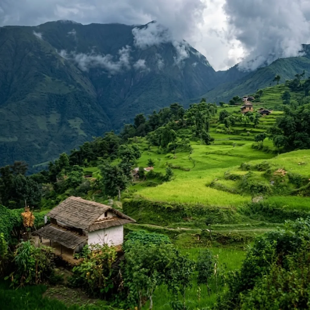 Traditional rustic farmhouse with a slate roof nestled into lush green terraced hillsides in the lower Makalu Barun valley.