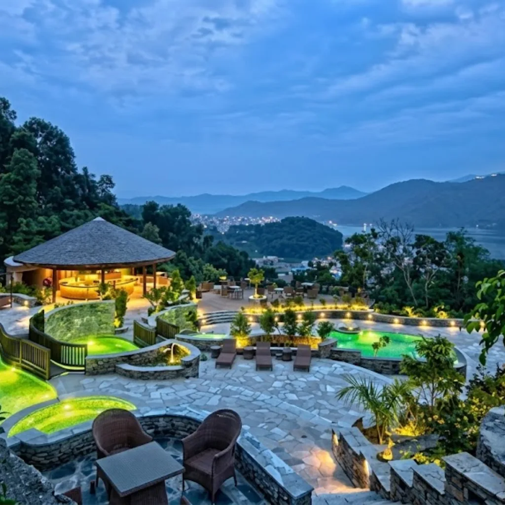 Hilltop resort patio and illuminated pool terraces overlooking lakeside city lights at twilight in Pokhara.