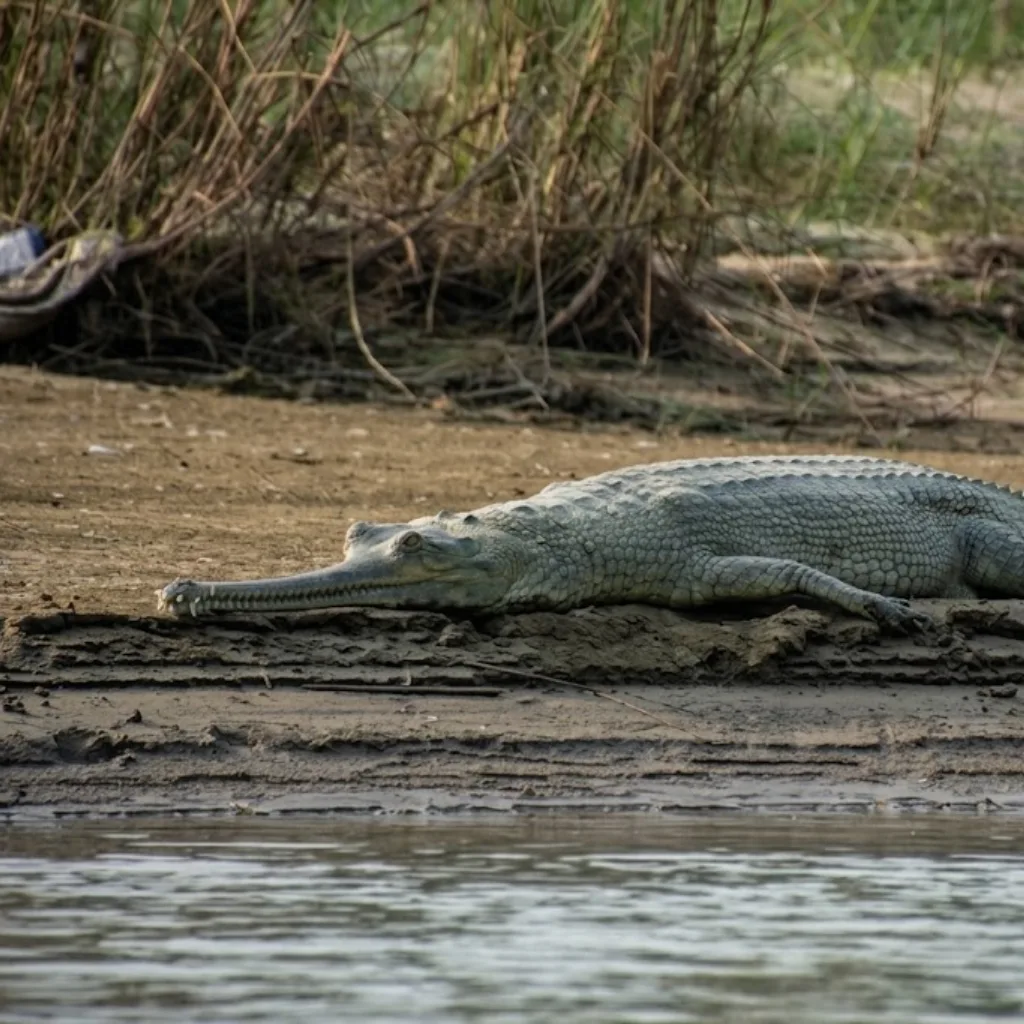 Gharial crocodile basking in the sun on a sandy riverbank beside calm river waters in Chitwan.