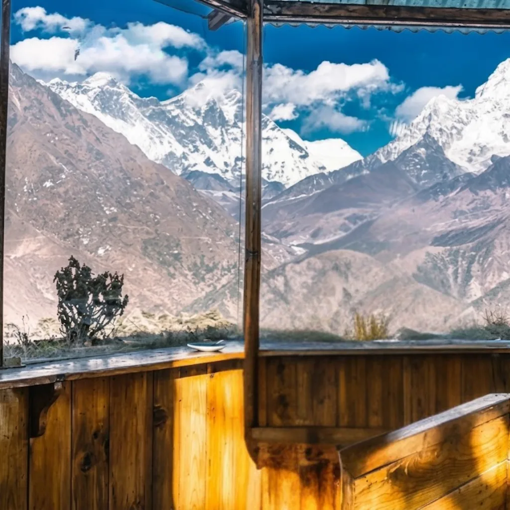 Stone mountain lodge with corrugated tin roof on an alpine plateau facing distant snowy Himalayan peaks.