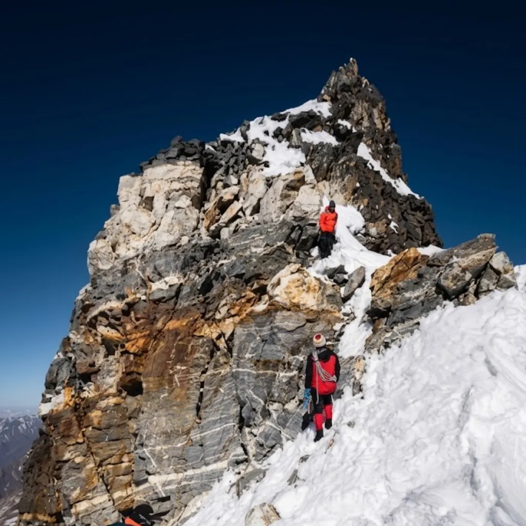 Climbers in colorful winter gear scrambling up an exposed rocky and snowy ridge on a Himalayan peak.