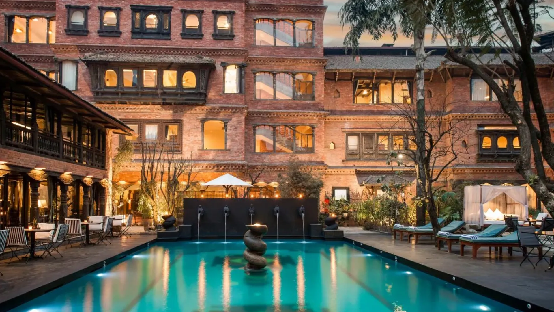 Dwarika’s Hotel luxury courtyard featuring traditional Newari architecture in Kathmandu, Nepal